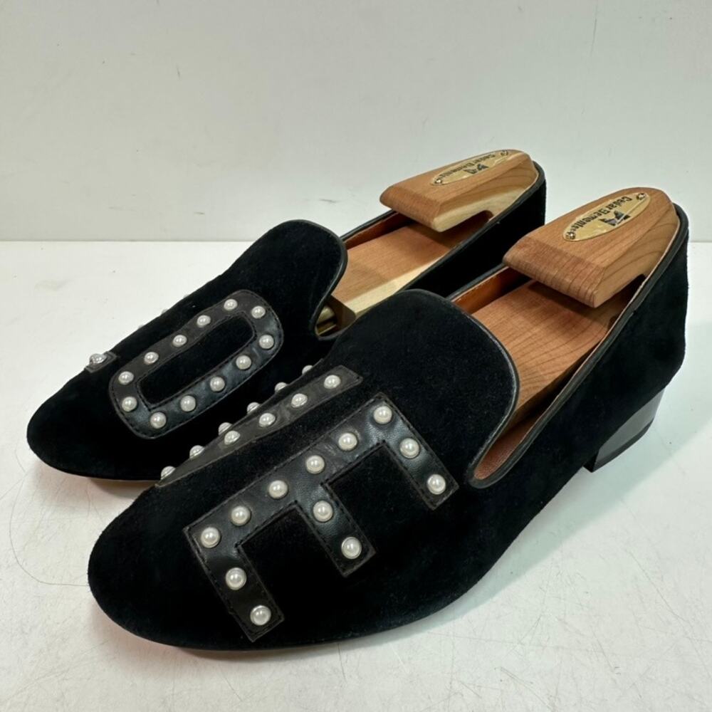 EUC Rebecca Minkoff Black Velvet Studded LOVE Slipper Loafer Women's 7